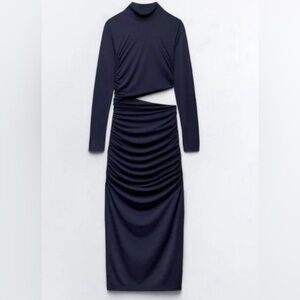 NWT Zara Elegant Navy Blue Long Sleeve Cut-Out Dress, Size Medium